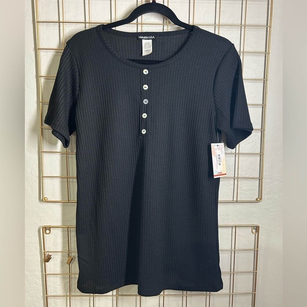 Waffle Knit Henley Top Small Black NWT Short Sleeve Button Shirt Heimish USA